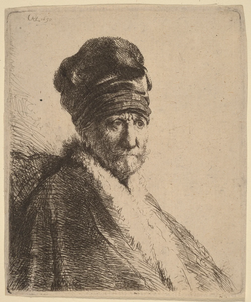 Bust of a Man Wearing a High Cap, Three-Quarters Right (The Artist's Father?) by Rembrandt van Rijn, print, 1630