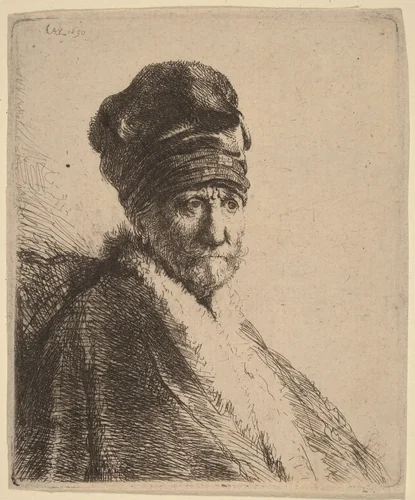 Bust of a Man Wearing a High Cap, Three-Quarters Right (The Artist's Father?) by Rembrandt van Rijn, print, 1630