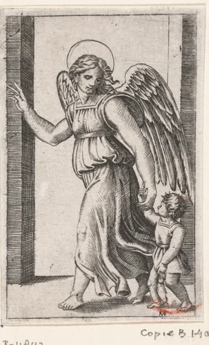 Beschermengel Raphael leidt Tobias aan hand by anonymous, print, 1500-1575