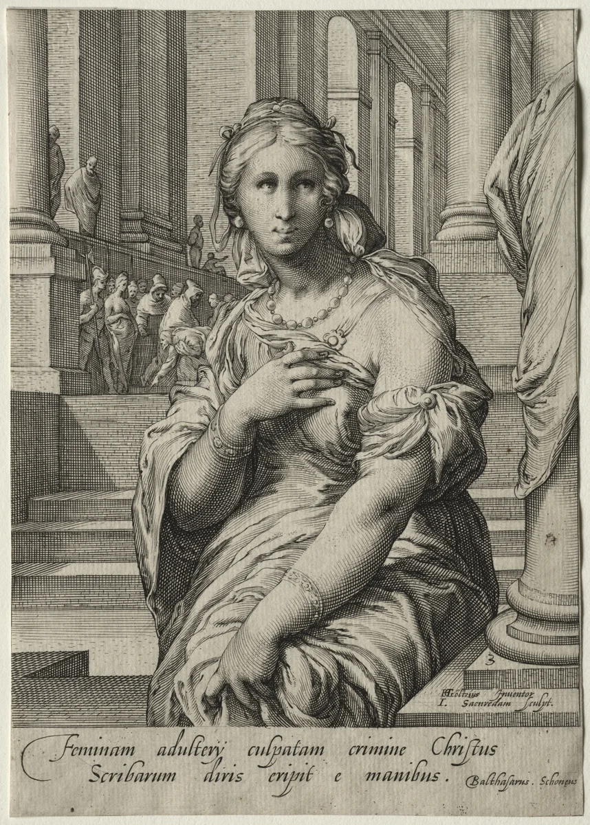 Heroines of the New Testament: The Woman Taken in Adultery by Jan Saenredam, print, 1590-1600