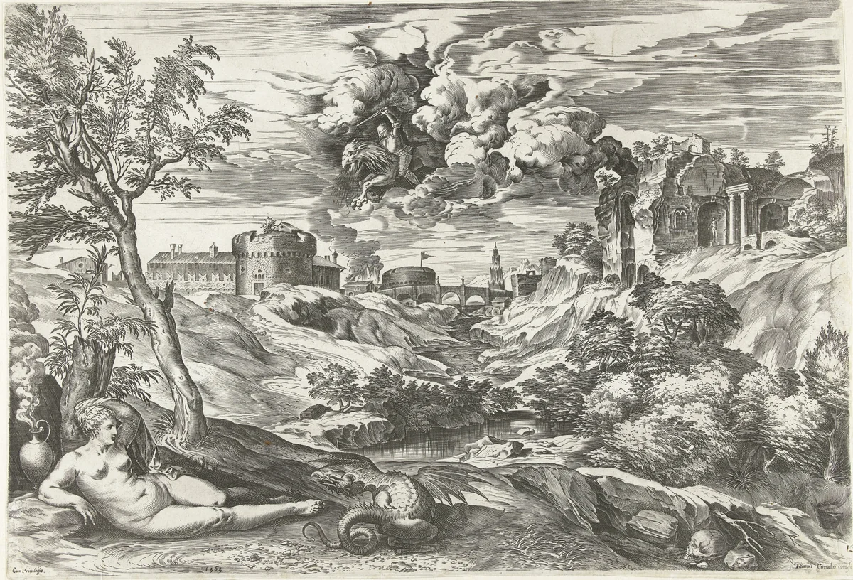 Landschap met Ruggiero die Angelica bevrijdt by Unknown, print, 1565