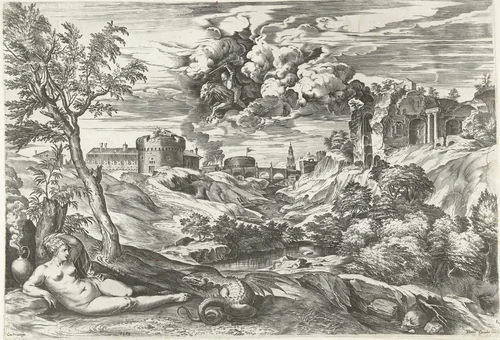 Landschap met Ruggiero die Angelica bevrijdt by Unknown, print, 1565