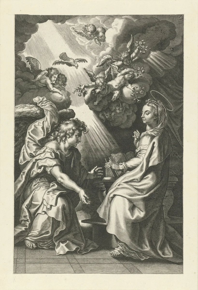 Annunciatie by Theodoor Galle, print, 1612-1616