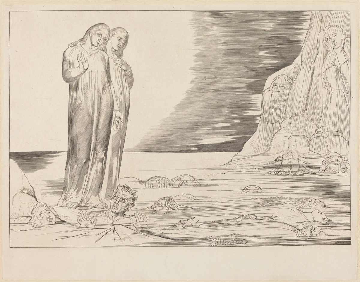 The Circle of the Traitors; Dante's Foot Striking Bocca degli Abbate by William Blake, print, 1827