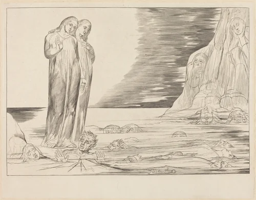 The Circle of the Traitors; Dante's Foot Striking Bocca degli Abbate by William Blake, print, 1827