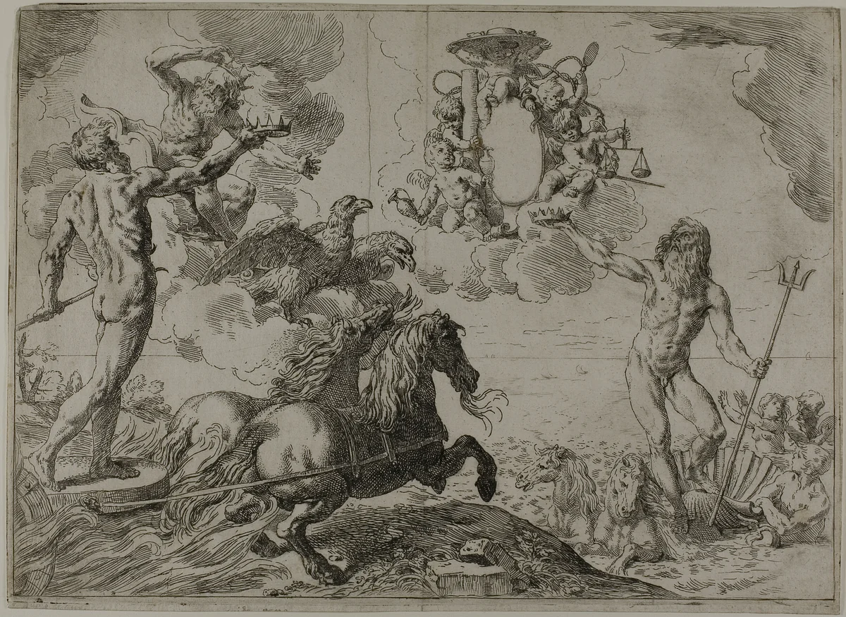 Jupiter, Neptune and Pluto Offering their Crowns to the Arms of Cardinal Borghese by Simone Cantarini, print, 1640-1645