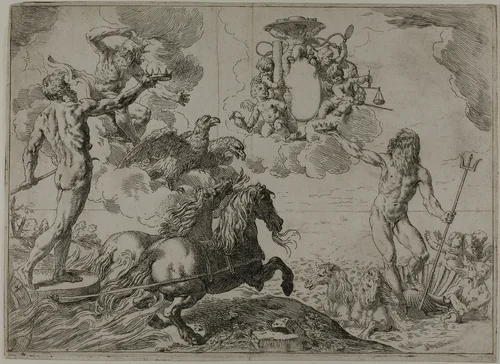 Jupiter, Neptune and Pluto Offering their Crowns to the Arms of Cardinal Borghese by Simone Cantarini, print, 1640-1645