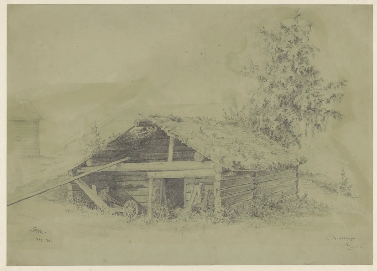 Boerenschuur te Skandshagen by Gerhard Peter Frantz Vilhelm Munthe, drawing, 1870