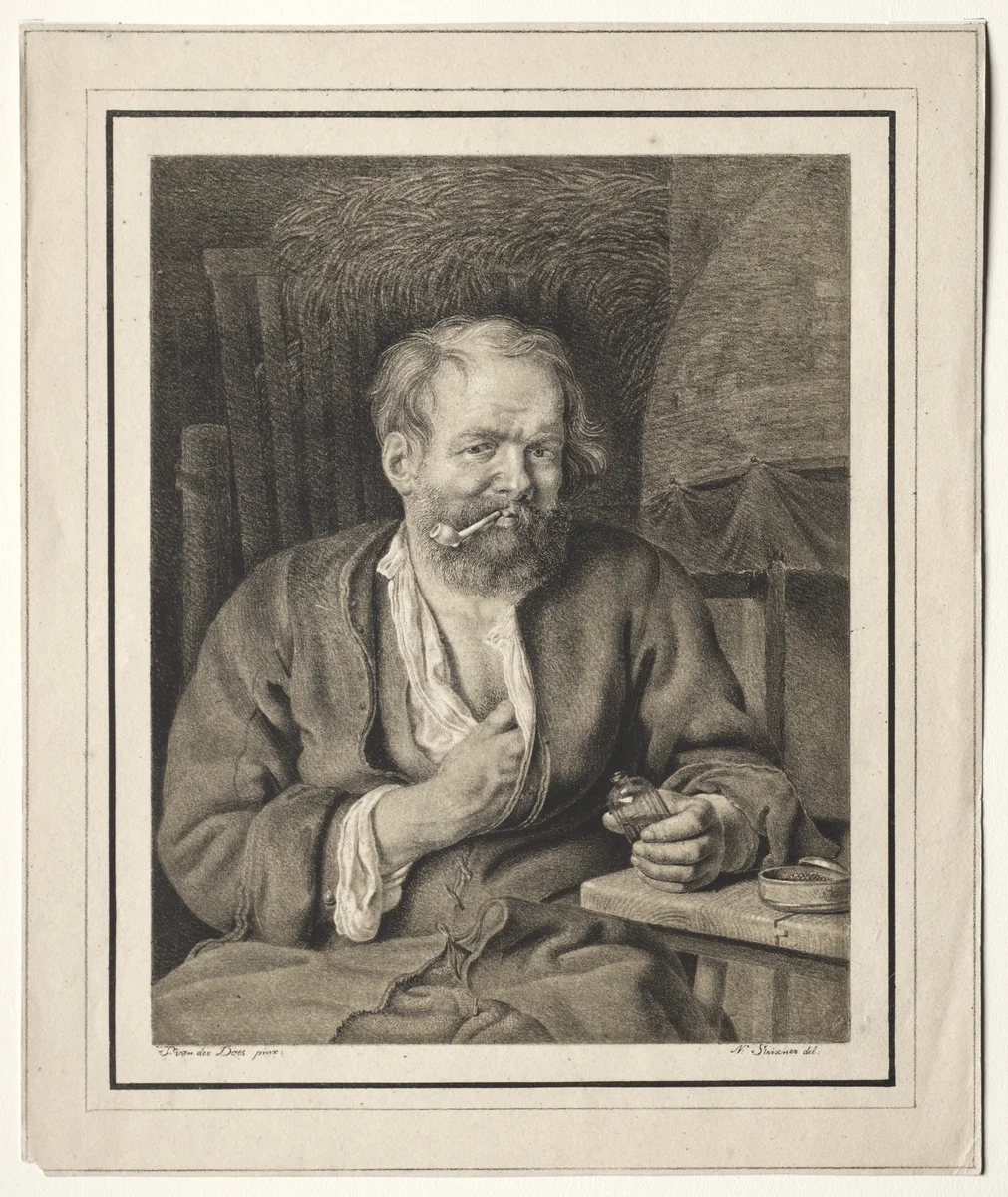 Peasant Sitting at a Table, Smoking a Pipe by Johann Nepomuk Strixner, print, 1817-1821