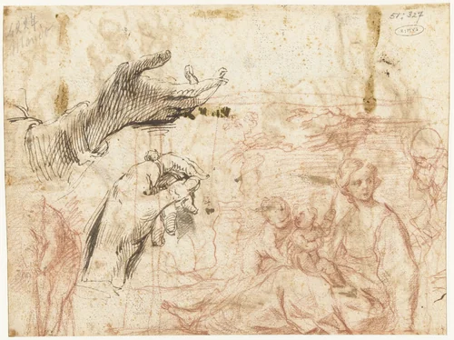 Schetsblad met verschillende composities, onder andere van twee handen by Simone Cantarini, drawing, 1635-1645