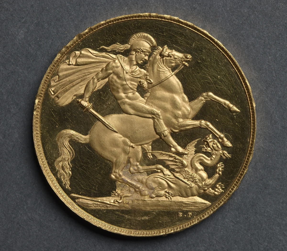 Two Pound Piece: St. George and the Dragon (reverse) by Benedetto Pistrucci, metalwork, 1820
