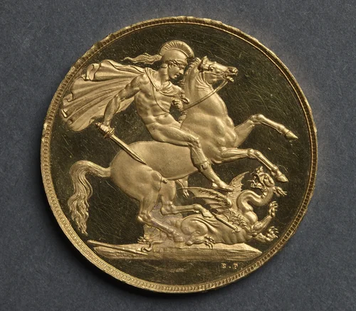 Two Pound Piece: St. George and the Dragon (reverse) by Benedetto Pistrucci, metalwork, 1820