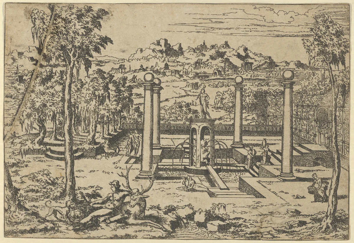 Landscape with Diana Resting by Léon Davent, print, 1526-1550