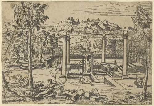 Landscape with Diana Resting by Léon Davent, print, 1526-1550