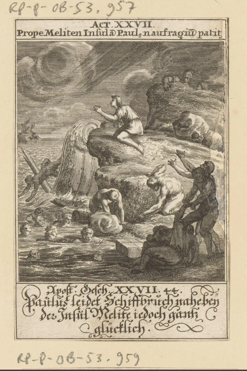 Apostel Paulus lijdt schipbreuk bij Malta by anonymous, print, 1697