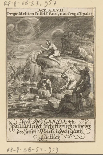 Apostel Paulus lijdt schipbreuk bij Malta by anonymous, print, 1697
