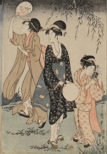 Catching Fireflies Beneath a Willow Tree (center) by Kitagawa Utamaro (喜多川歌麿), print, 1796-1797