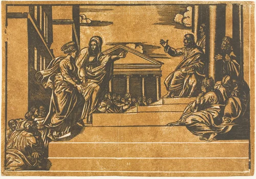 Martha and Magdalen Ascending the Steps of the Temple by Georg Matheus, print, 1550-1570