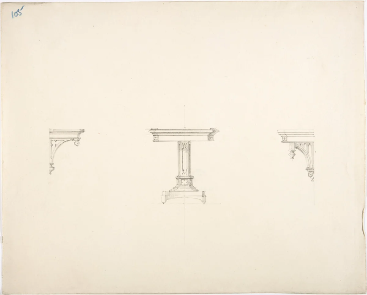 Design for a Small Gothic Pedestal Table and Two Brackets by anonymous, drawing, 1800-1850