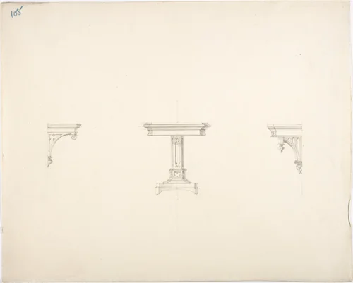 Design for a Small Gothic Pedestal Table and Two Brackets by anonymous, drawing, 1800-1850