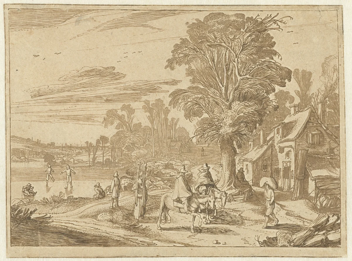 Herberg met grote boom en figuren bij het ijs by Jan van de Velde, drawing, 1616-1618