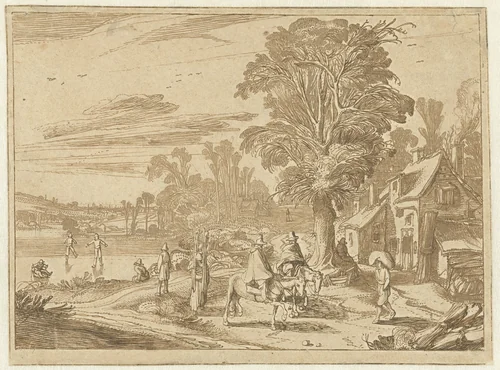 Herberg met grote boom en figuren bij het ijs by Jan van de Velde, drawing, 1616-1618