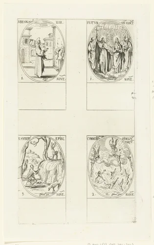 Heilige Benignus van Dijon, Christus met Maria en vele heiligen (Allerheiligen), Engelen trekken zielen de hemel in (Allerzielen), Heilige Hubertus van Luik (1-3 november) by Jacques Callot, print, 1632-1636