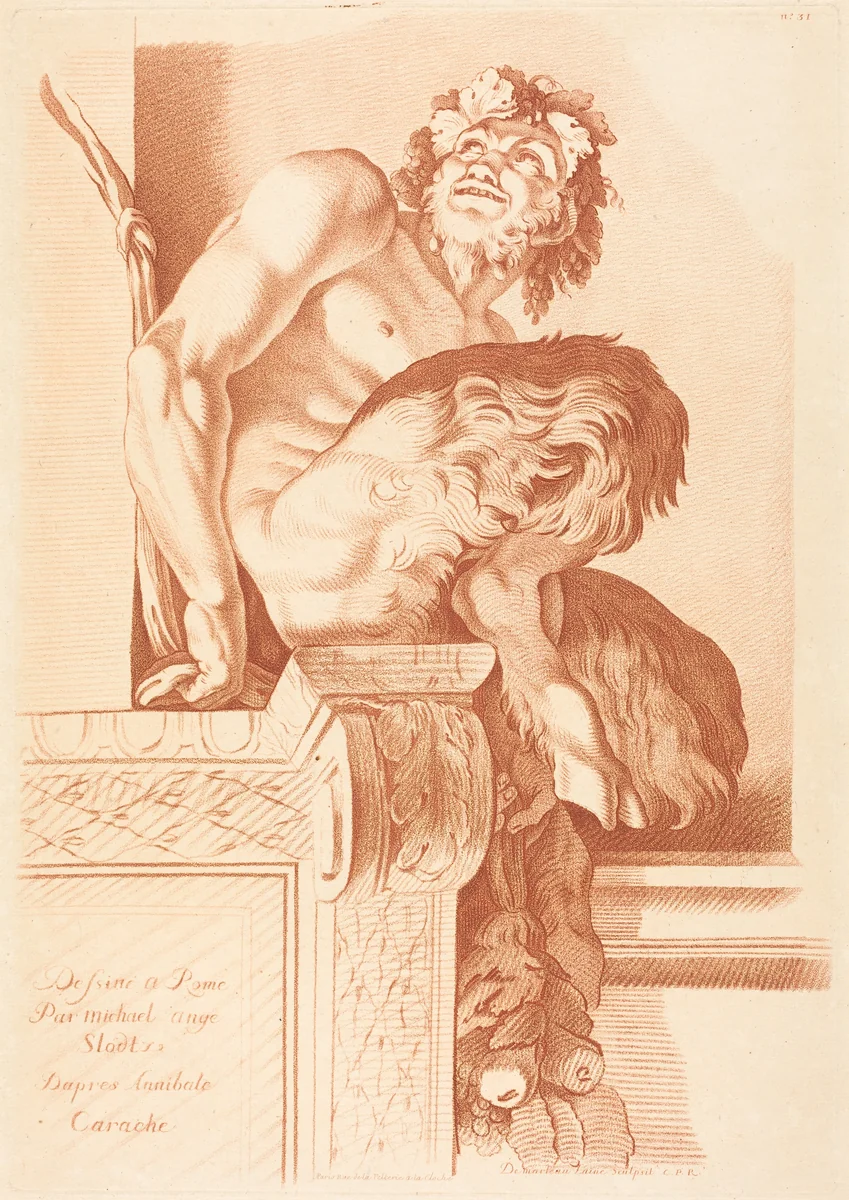 Satyr by Gilles Demarteau; René Michel Slodtz; Annibale Carracci, print, 1722-1776