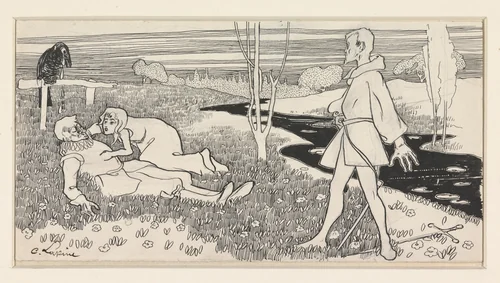 Vrouw geknield bij de verliezer van een duel by C. Lapine, drawing, 1895-1900
