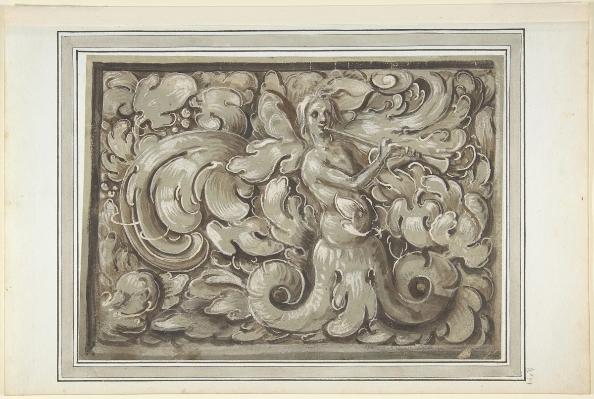 Nymph Playing a Horn (recto); Bracket with a Man's Head (verso) by anonymous, drawing, 1500-1600