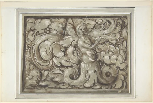 Nymph Playing a Horn (recto); Bracket with a Man's Head (verso) by anonymous, drawing, 1500-1600