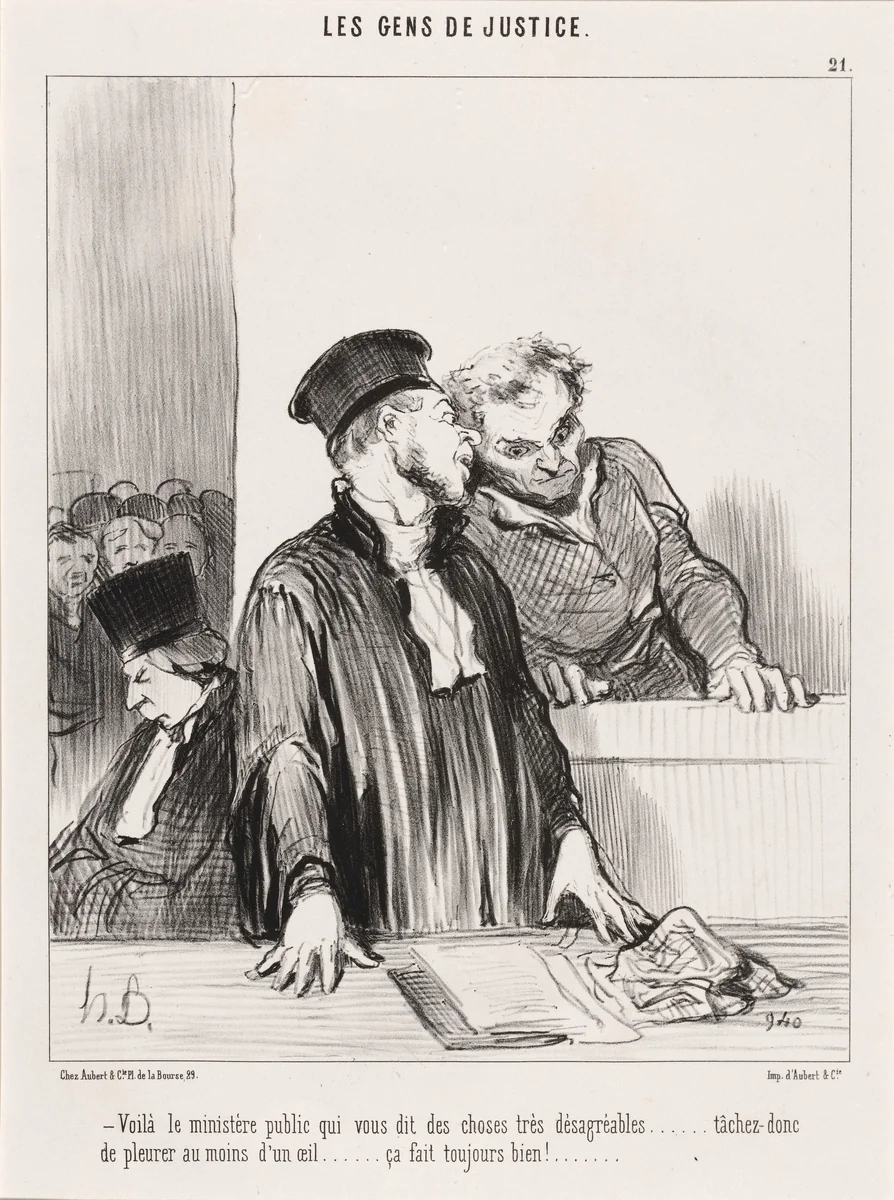 Voila le ministère public qui vous dit des choses... désagréables... by Honoré Daumier, print, 1846