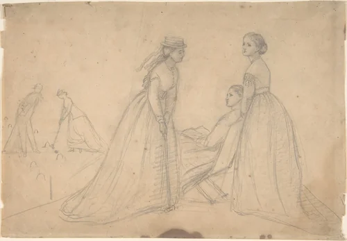 Three women in conversation beside a croquet field (recto); Studies of a ballet dancer, a woman's profile, and a seated woman (verso) by Louisa Starr Canziani, drawing, 1860-1870