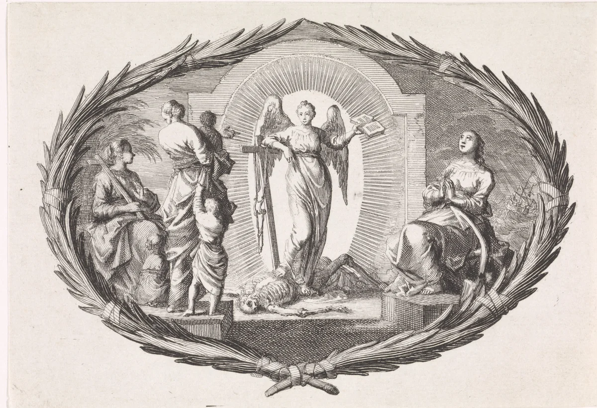 Theologische deugden en een engel by Jan Luyken, print, 1700
