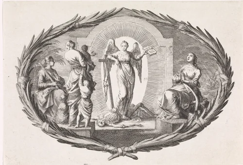 Theologische deugden en een engel by Jan Luyken, print, 1700