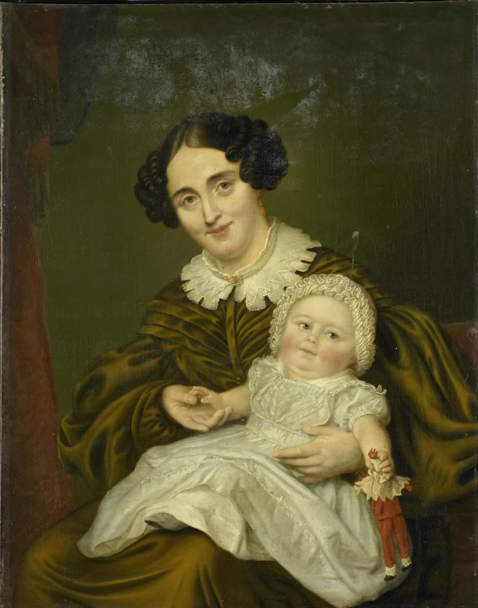Dubbelportret van een vrouw, waarschijnlijk Johanna Gesiena van Demmeltraadt (1804-1878), echtgenote van Jan Hendrik Carp (1788-1845) en haar zoon Clemens Johan (1834-1889) of dochter Anna Johanna (1842-1901) by Louis Moritz, painting, 1835-1843