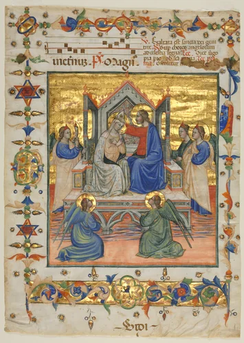 Leaf from an Antiphonary: Coronation of the Virgin by Master of the Beffi Triptych, manuscript, 1400-1499