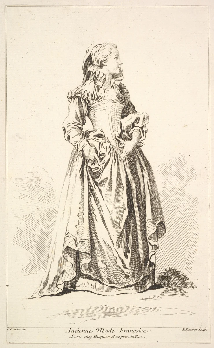 Ancienne Mode Françoise, plate 4 from "Recueil de diverses fig.res étrangeres Inventées par F. Boucher P.tre du Roy et Gravées par F. Ravenet" (Collection of Various Foreign Figures, Devised by F. Boucher, Painter of the King and Engraved [etched] by F. Ravenet) by Simon Ravenet, print, 1721-1774