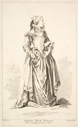 Ancienne Mode Françoise, plate 4 from "Recueil de diverses fig.res étrangeres Inventées par F. Boucher P.tre du Roy et Gravées par F. Ravenet" (Collection of Various Foreign Figures, Devised by F. Boucher, Painter of the King and Engraved [etched] by F. Ravenet) by Simon Ravenet, print, 1721-1774