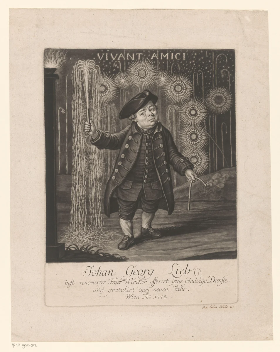 Nieuwjaarswens van de Pyrotechnicus Johan Georg Lieb by Johann Elias Haid, print, 1772