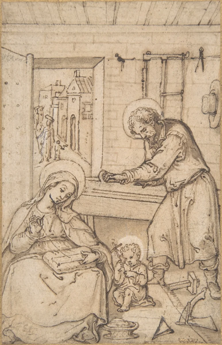 The Childhood of Christ, in the carpenter's shop by Hans Bol, drawing, 1534-1593