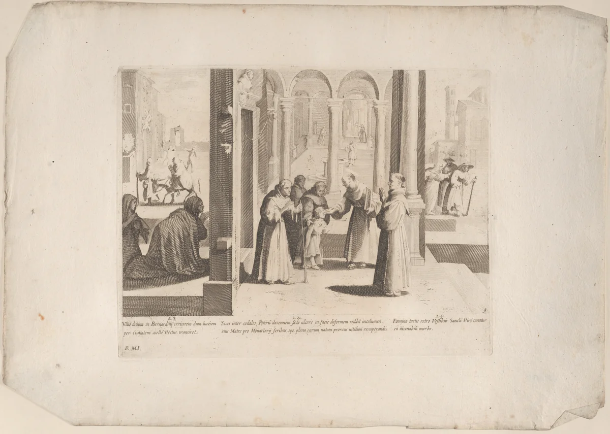 Episode 22: Saint Bernardino heals a boy with a facial sore; Episode 23: The people make daily supplication to Saint Bernardino; Episod e24: Saint Bernardino cures a diseased woman, from "The Life of Saint Bernardino of Siena" by Bernardino Capitelli, print, 1610-1639