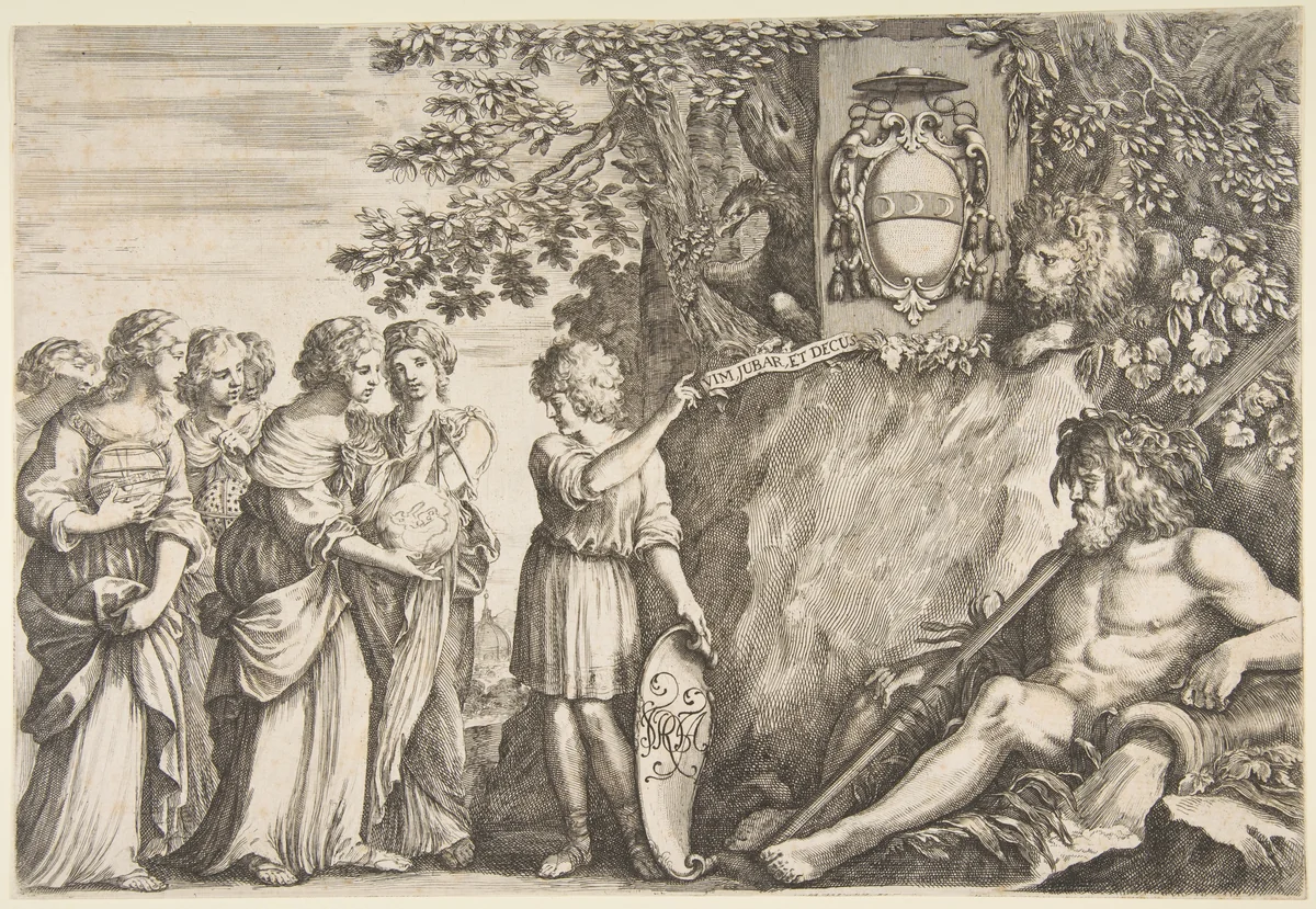 Ornament design for a thesis, the Strozzi coat of arms at top by Stefano della Bella, print, 1655-1665