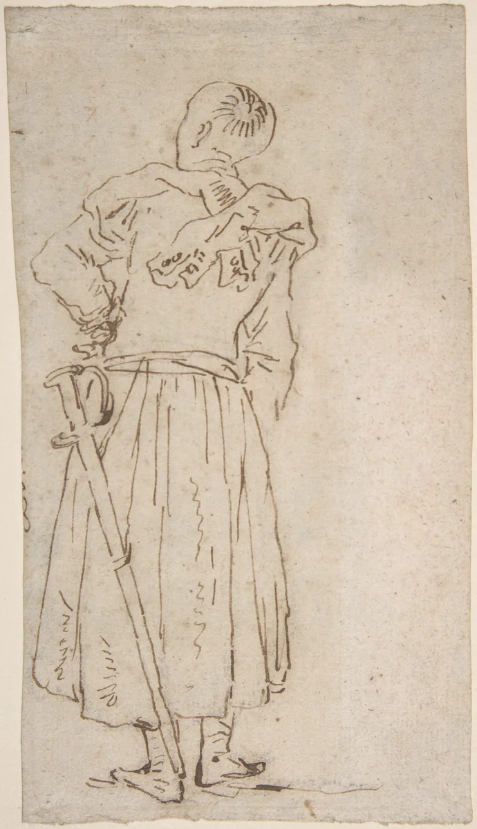 Back View of a Man in a Long Coat with a Sword by anonymous, drawing, 1700-1800