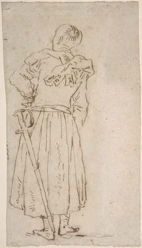 Back View of a Man in a Long Coat with a Sword by anonymous, drawing, 1700-1800