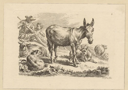 Rustende herders met ezel en by François Vivares, print, 1719-1780