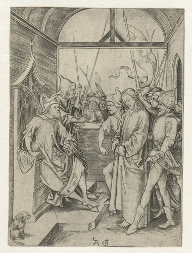 Christus voor Pilatus by Unknown, print, 1475-1500