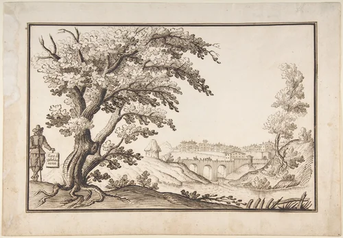 Framed Landscape with a View of Castel Durante with a Figure Holding an Inscribed Plaque in the Foreground by Ercole Bazicaluva, drawing, 1600-1638