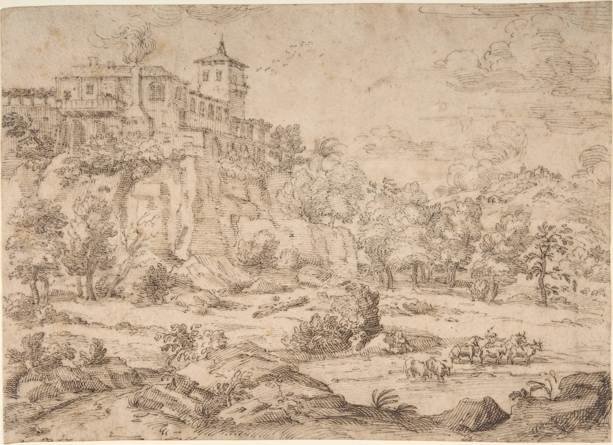 Landscape with Hilltop Villa by Guillerot, drawing, 1615-1675