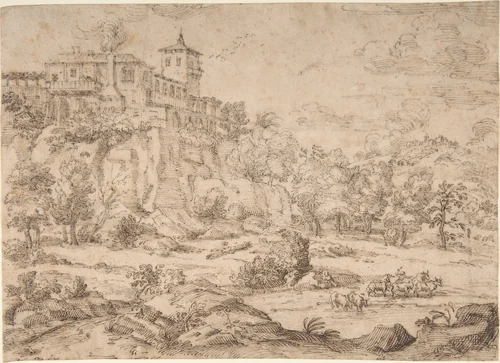 Landscape with Hilltop Villa by Guillerot, drawing, 1615-1675